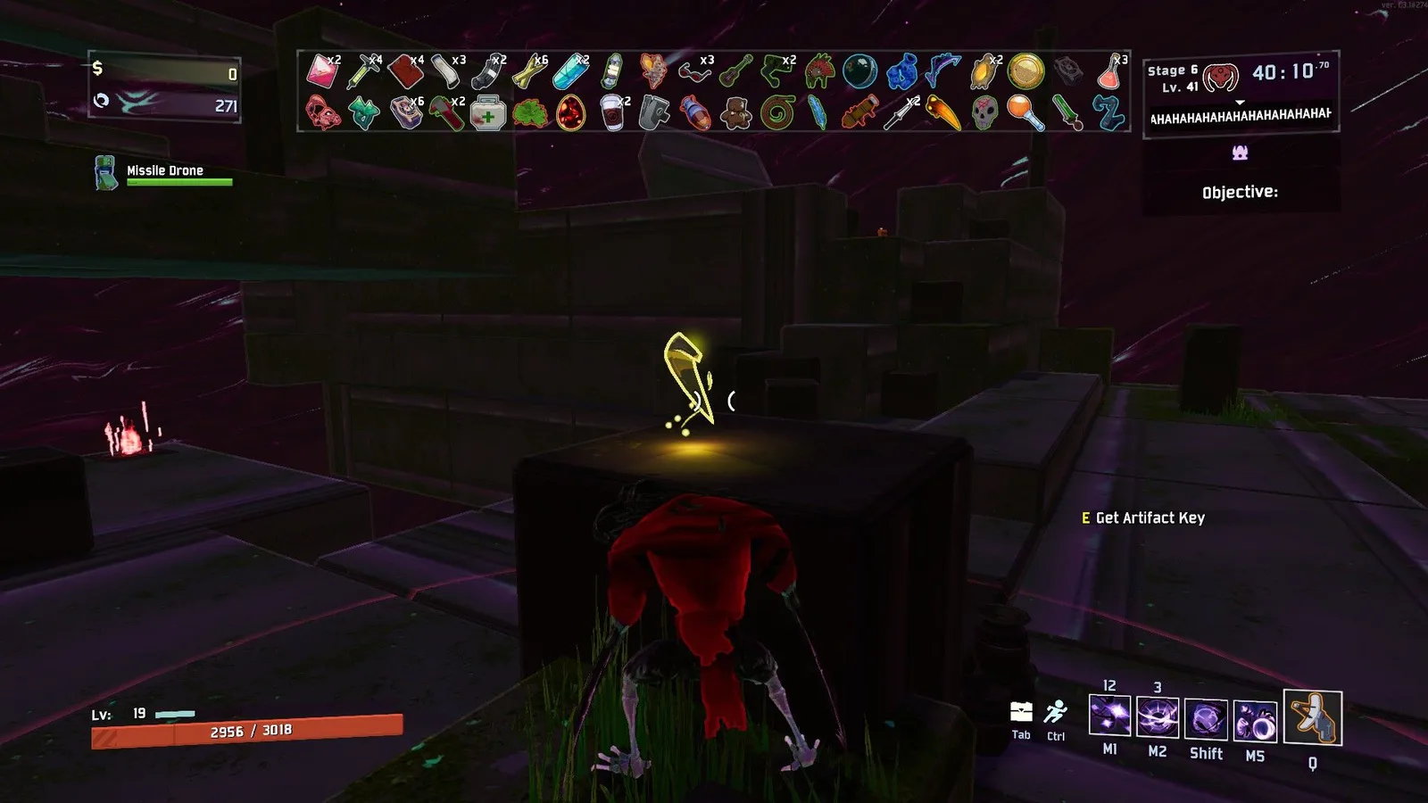 An Artifact Key on a raised platform with the Get Artifact Key interaction prompt
